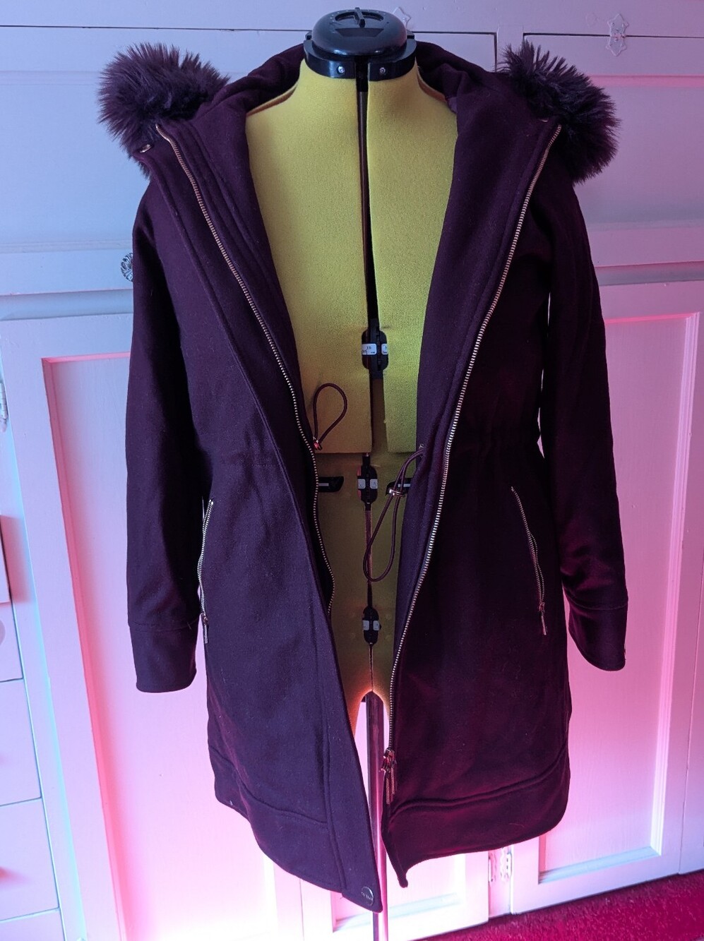 Ted Baker Kalissa Maroon Wool Cashmere Parka Faux Fur Hood Size 2 UK 10 US 6
